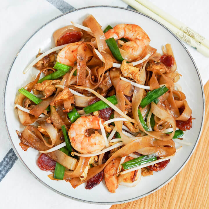 plate of char kway teow from overhead.
