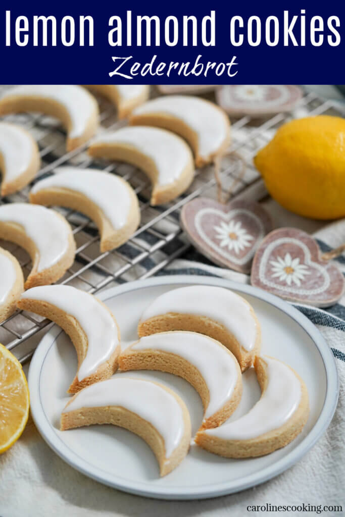 These lemon almond cookies (Zedernbrot) are so easy to make, with delicious light flavors and a wonderful chewy texture. Naturally gluten free, too, with a bright lemon glaze, they're tasty little bites.