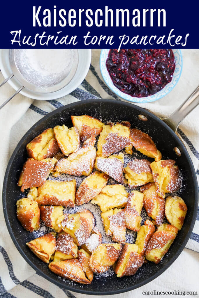 Kaiserschmarrn is a traditional torn pancake from Austria. Thick, fluffy, comforting chunks are dusted with sugar and served with fruit compote. Perfect for dessert, brunch or whenever you find an excuse.