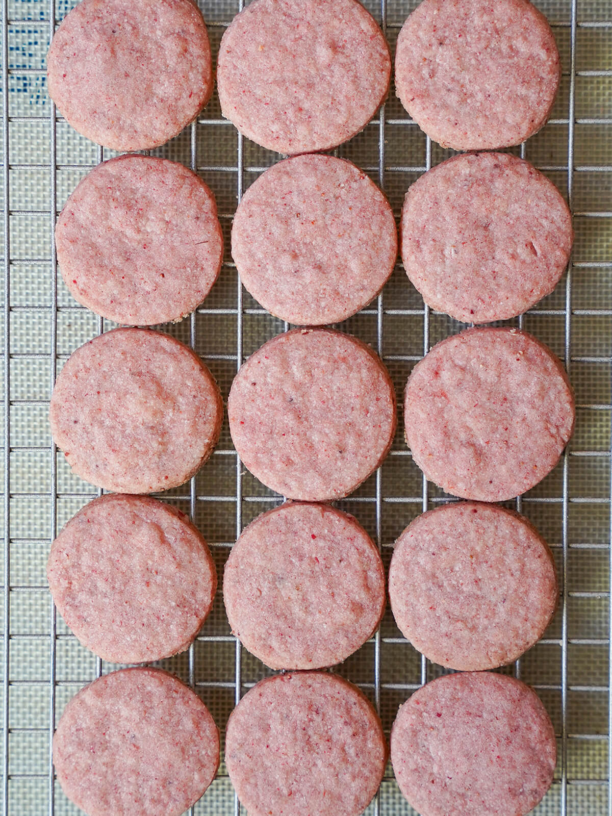 strawberry shortbread cookies just out the oven baked cookies in rows on cooling rack.