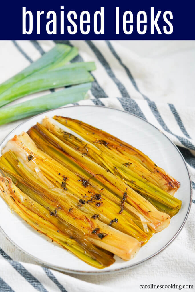 These braised leeks are deliciously flavorful and lusciously tender. Easy to make, they're great as a side, mixed through risotto/pasta, to top toast and more.
