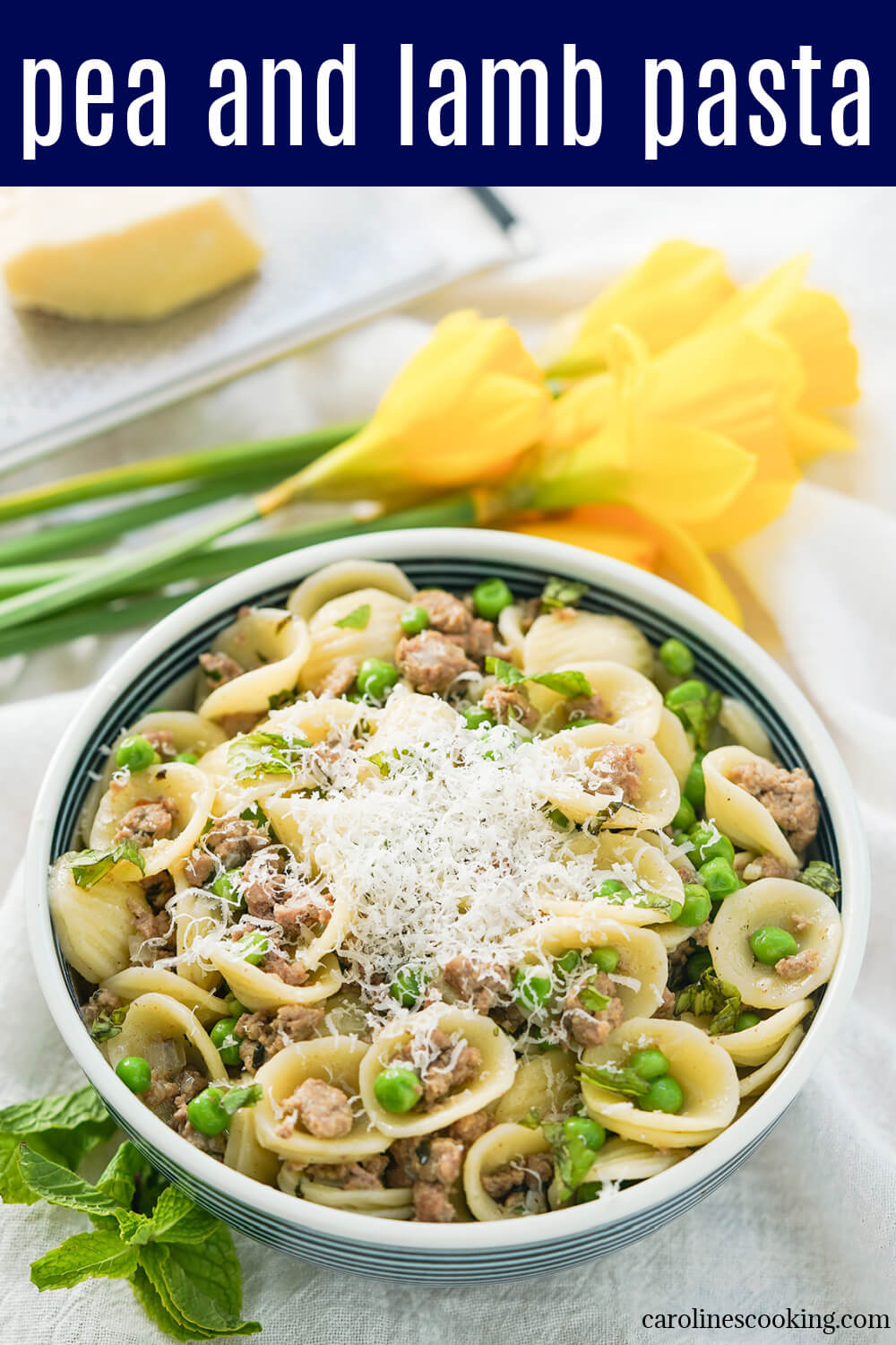 This pea and lamb pasta is easy to make and packed with tasty spring flavors, with the rich lamb balanced out by fresh mint, peas and a touch of spice. Quick, tasty and a great easy meal.