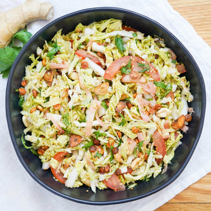 overhead view of bowl of Burmese ginger salad, gin thoke.
