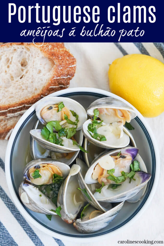 These Portuguese clams are wonderfully quick and easy to make, with simple light flavors of garlic, wine and cilantro. A delicious light meal, or serve with other dishes to share.