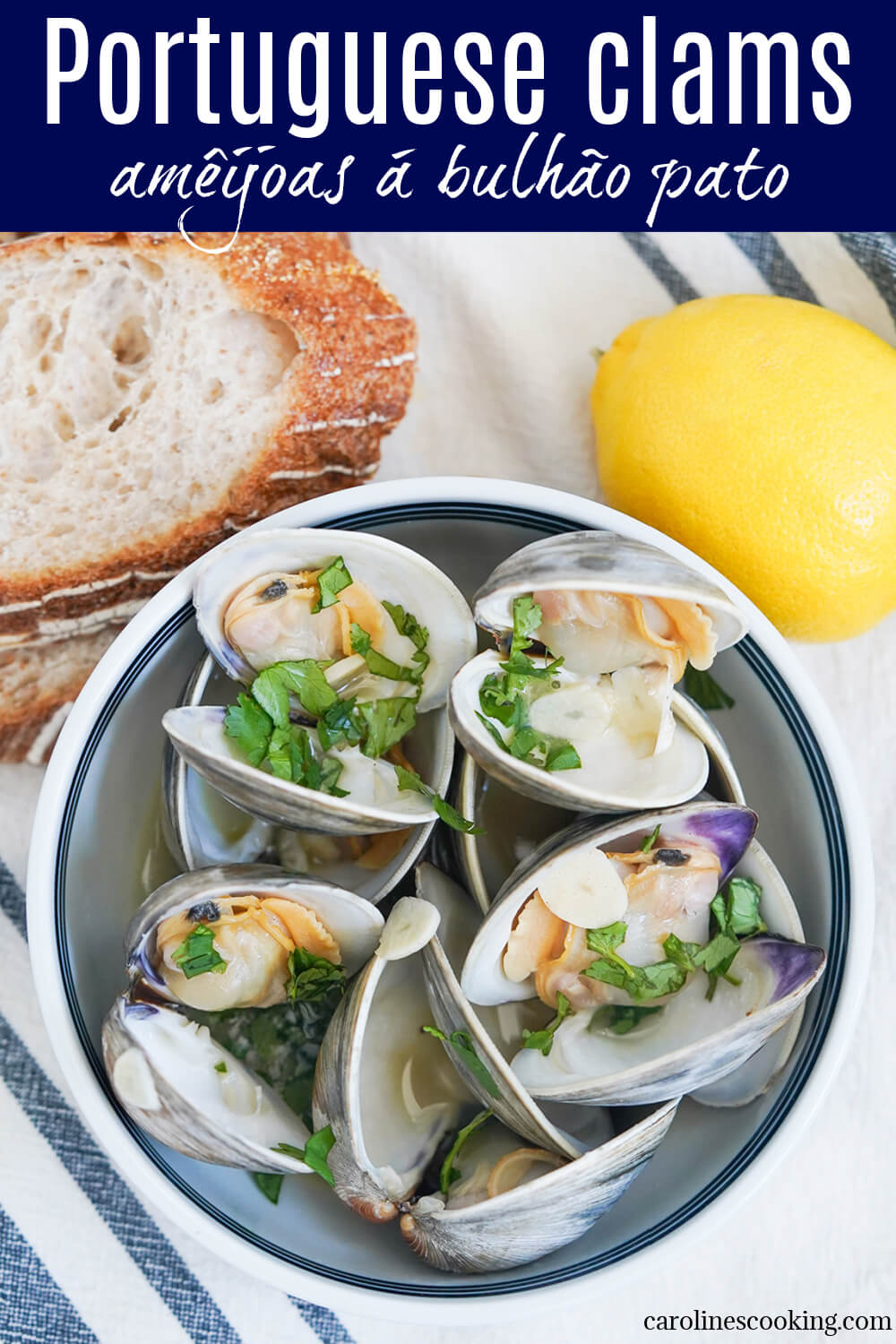 These Portuguese clams are wonderfully quick and easy to make, with simple light flavors of garlic, wine and cilantro. A delicious light meal, or serve with other dishes to share.