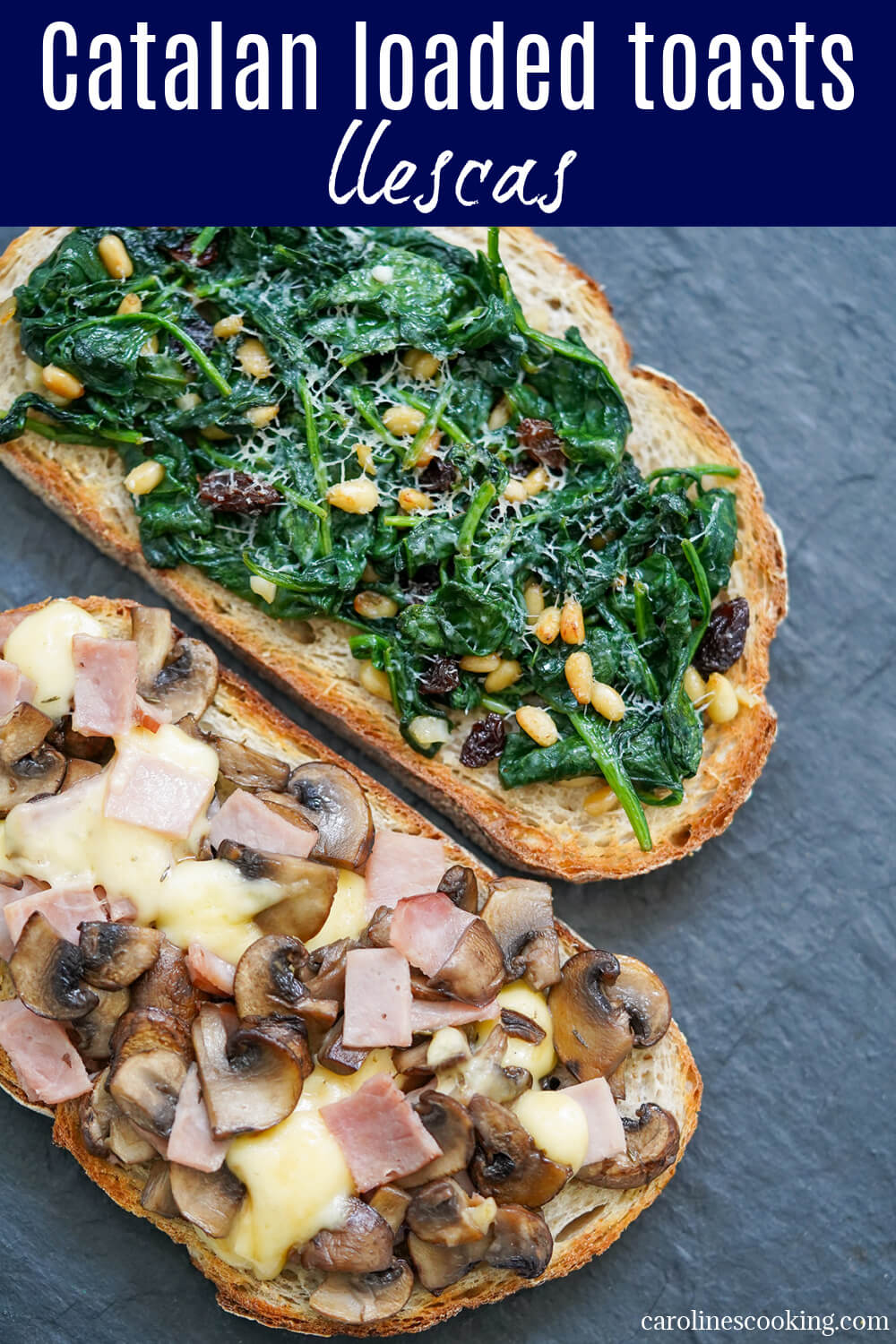 Llescas are Catalan loaded toasts that can have a whole range of toppings. These classics - spinach, pine nuts & raisins, and ham, mushroom & cheese - are tasty, quick and easy to make. Great as a snack or easy meal. Llescas are Catalan loaded toasts that can have a whole range of toppings. These classics - spinach, pine nuts & raisins, and ham, mushroom & cheese - are tasty, quick and easy to make. Great as a snack or easy meal.