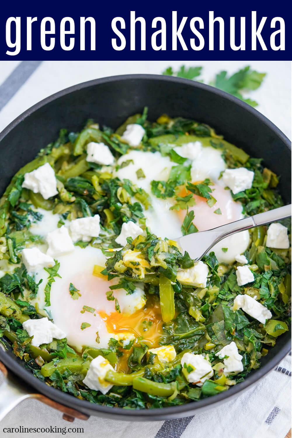 This green shakshuka is a tasty twist on the traditional, with poached eggs nestled in a hearty green veggie base, topped with feta and herbs for a lovely fresh finish. It's easy to make, flavorful and packed with goodness. A delicious brunch or anytime meal.