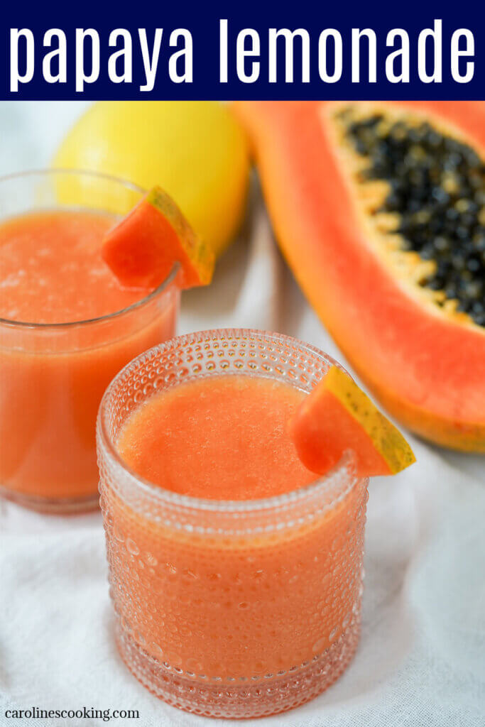This papaya lemonade is incredibly easy to make and lightly sweetened with honey. It's light, fruity and deliciously refreshing. Great to use up a papaya or any excuse!