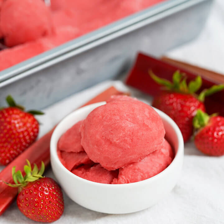 bowl of strawberry rhubarb sorbet with fruit either side.