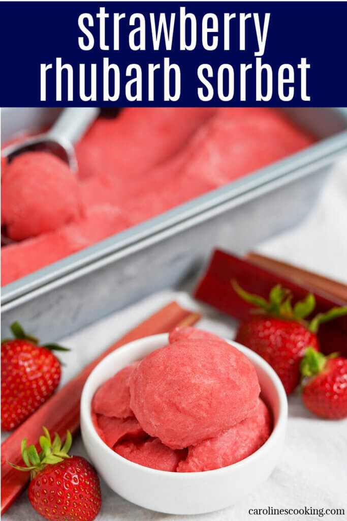 This strawberry rhubarb sorbet is a delicious balance of the two flavors, with just enough sweetness and slightly tart. It's easy to make, smooth and as bright as it's beautiful color.