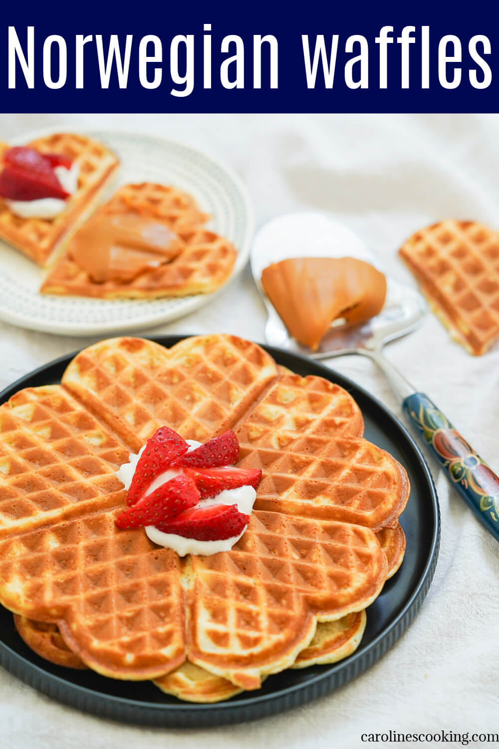 Norwegian waffles are gently sweet, soft and thin, with a lovely light aromatic cardamom flavor. They're a tasty treat whether breakfast or other times, topped with fruit, jam and more.