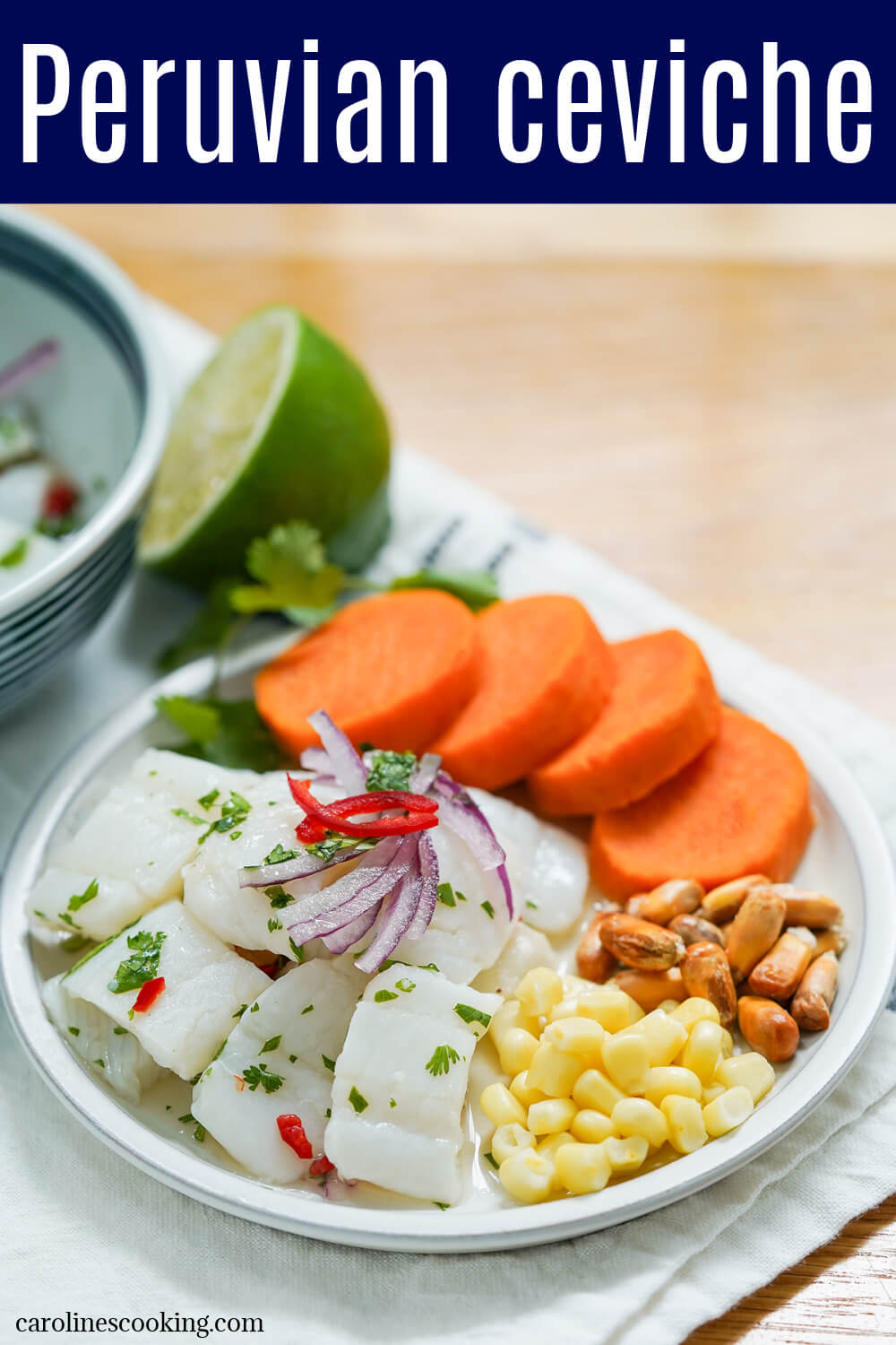 Classic Peruvian ceviche is quick and easy to prepare and deliciously tasty. It's full of fresh flavors, letting the fish shine, with simple sides that add great texture. Oh so good.
