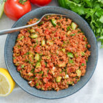 oerhead view of bowl of kisir Turkish bulgur salad.