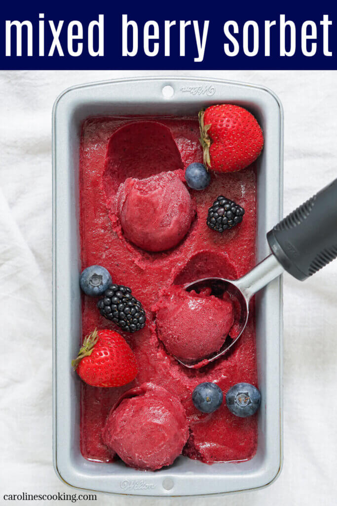 This mixed berry sorbet is packed with bright berry flavor, using a tasty blend you can adapt to taste. Easy to make and wonderfully refreshing on a warm day.