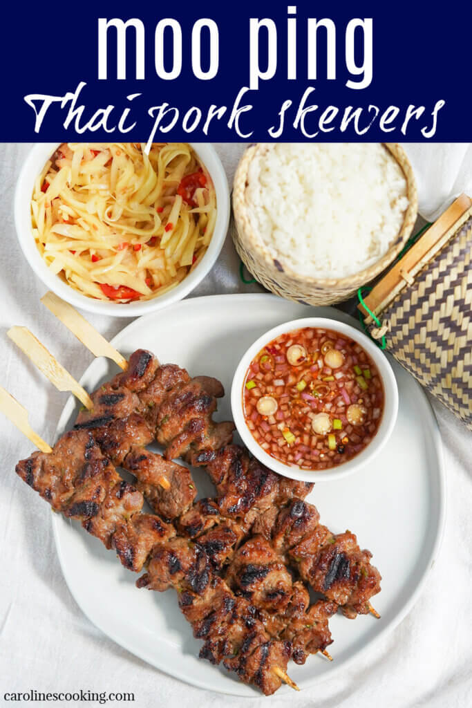 Moo ping are delicious Thai pork skewers, with a sweet, salty, umami marinade that packs in flavor and gives a caramelized edge. Delicious as a snack or a main with simple sides.