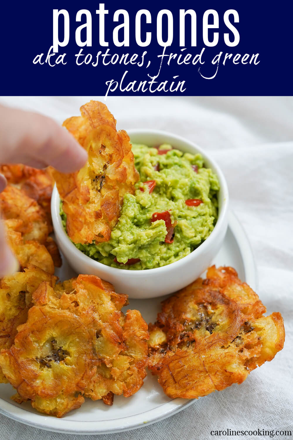 Patacones (or tostones) are deliciously crisp twice-fried green plantain bites that are crisp on the outside and tender in the middle. Perfect for snacking, as they are or topped with sauces and more.