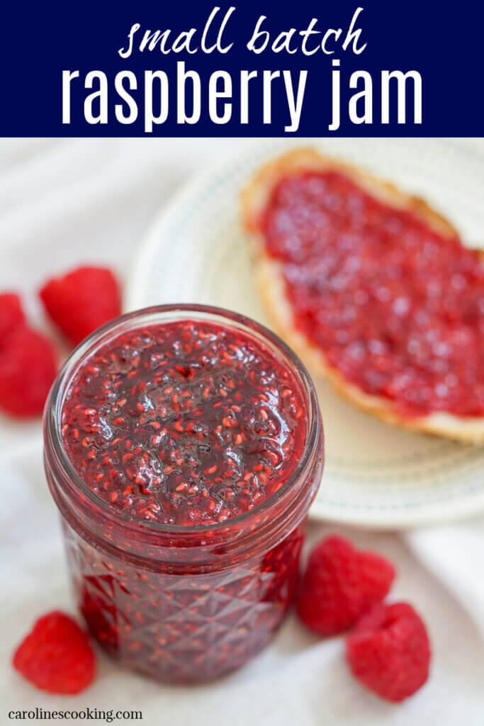 This small batch raspberry jam is easy to make and being lower in sugar, it's packed with bright berry flavor. Delicious on toast, scones, in desserts and more.