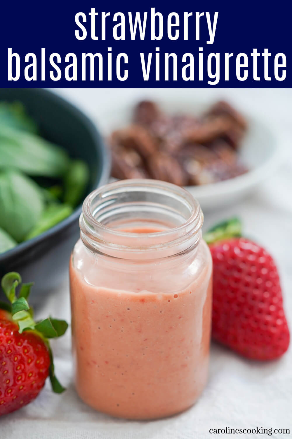 This strawberry balsamic vinaigrette is easy to make, creamy-textured and with a lovely balance of sweet and tangy flavor. Perfect to brighten up simple greens and more.