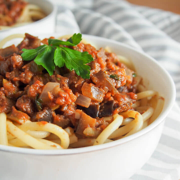side view of bowl of leftover lamb and eggplant pasta sauce over bucatini.