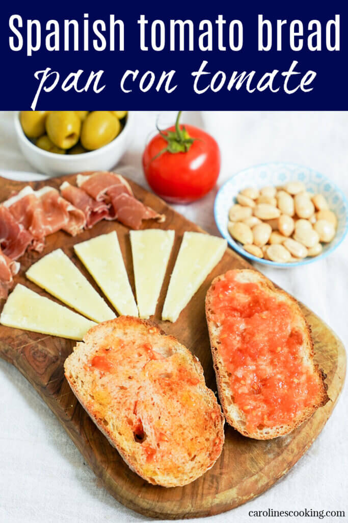 Spanish tomato bread, pan con tomate is a tapas classic. It's a super easy combination but it transforms plain bread into a tasty snack, side or base for an open sandwich.