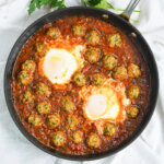 Kefta tagine Moroccan meatballs from overhead.