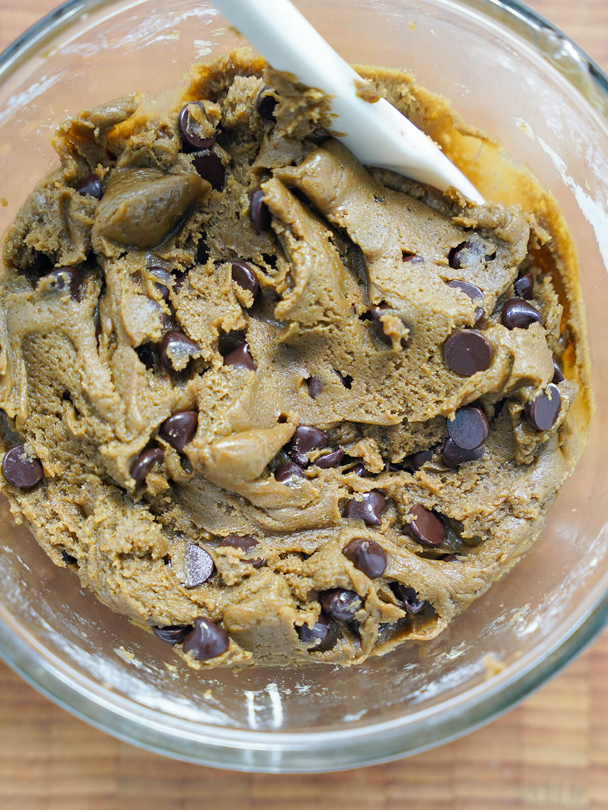 bowl of hojicha chocolate chip cookie dough cookie batter in bowl