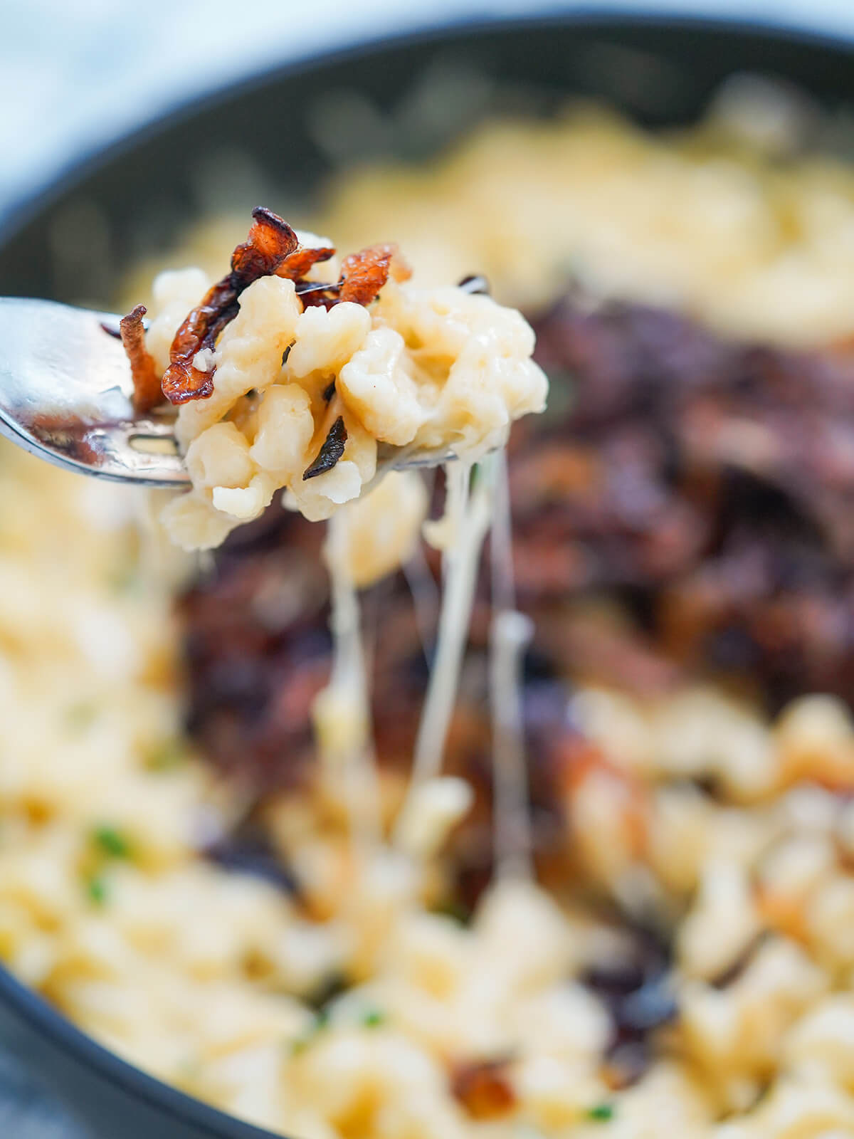 forkful of spaetzle and onions with cheese pull down to dish blurred behind.