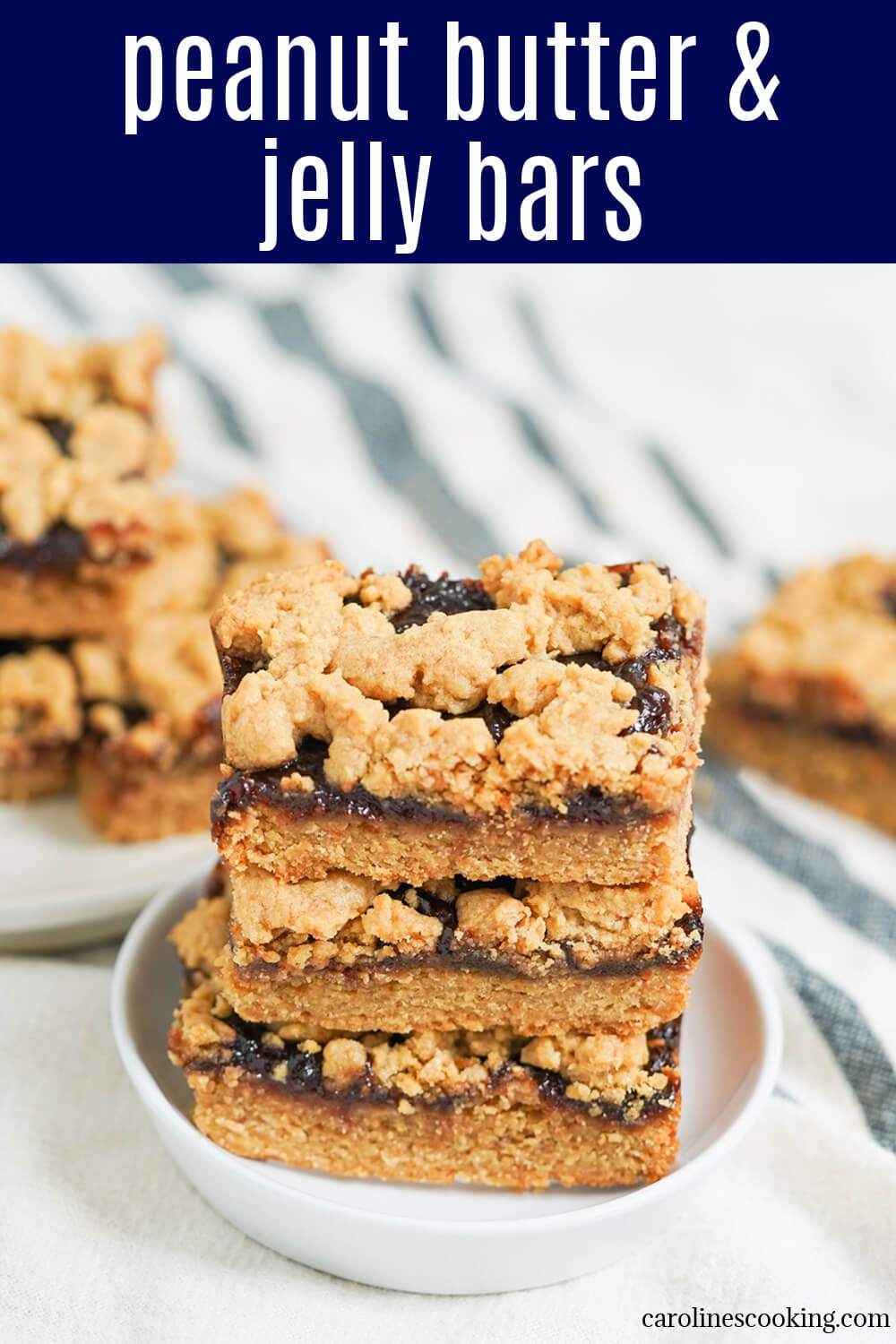 These peanut butter and jelly bars are a delicious combination of soft peanut-y cookie with a layer of sweet jam. They're easy to make, and a tasty sweet treat.