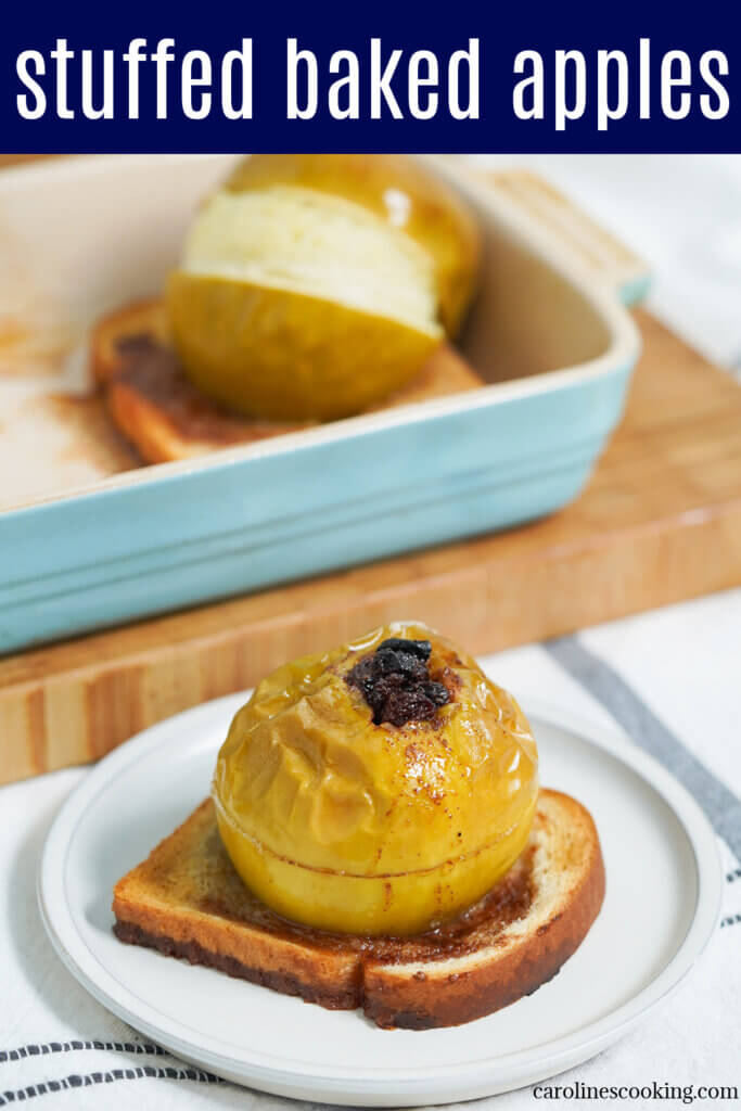 These stuffed baked apples are a really easy dessert, with a simple cinnamon raisin filling inside the tender apples. This version has a twist with bread underneath that becomes a mix of crisp and syrupy. Together so tasty and perfect to enjoy any excuse.