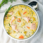 close overhead view of bowl of Finnish salmon soup.