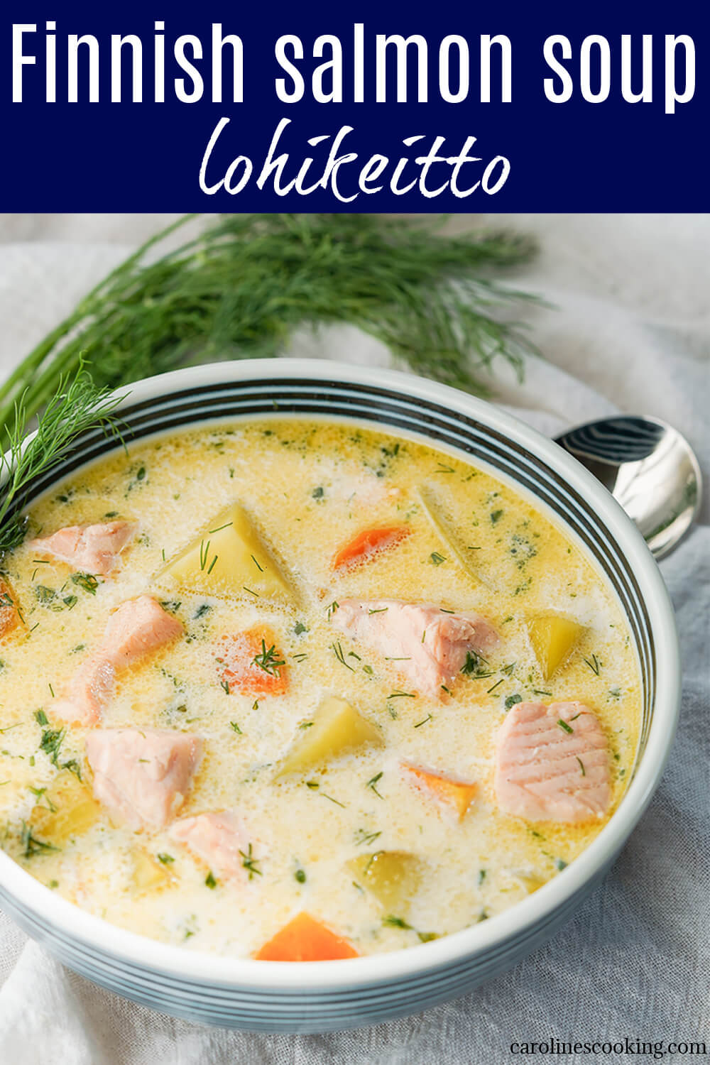 This Finnish salmon soup is really easy to make and a lovely balance of a creamy, yet light dill-flecked broth filled with chunks of fish and root vegetables. It's a delicious, comforting bowlful.