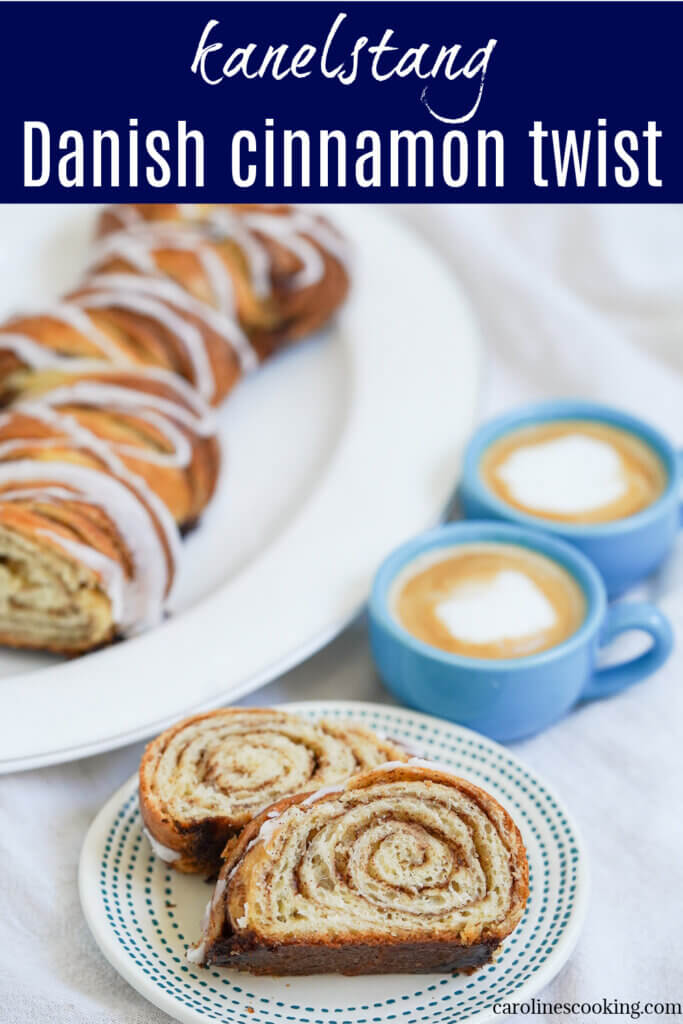 This kanelstang, Danish cinnamon twist, is a bit like a cinnamon roll loaf, a delicious mix of buttery, soft, cinnamon-filled and gently crisp on the outside. A perfect coffee time treat.