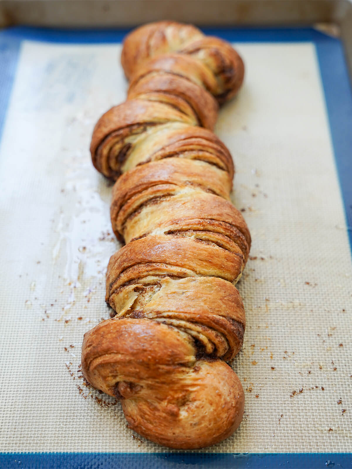 kanelstang, Danish cinnamon twist out oven kanelstang on baking sheet just out oven.