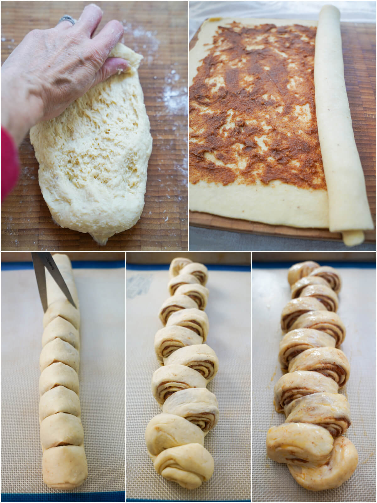 stages to make kanelstand, Danish cinnamon twist. five pictures of stages making kanelstang Danish cinnamon twist - kneading, rolling up with cinnamon filling, snipping to make cuts, formed then after second rise with egg wash.