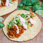 sweet potato taco topped with Brussels sprout slaw and chipotle crema.